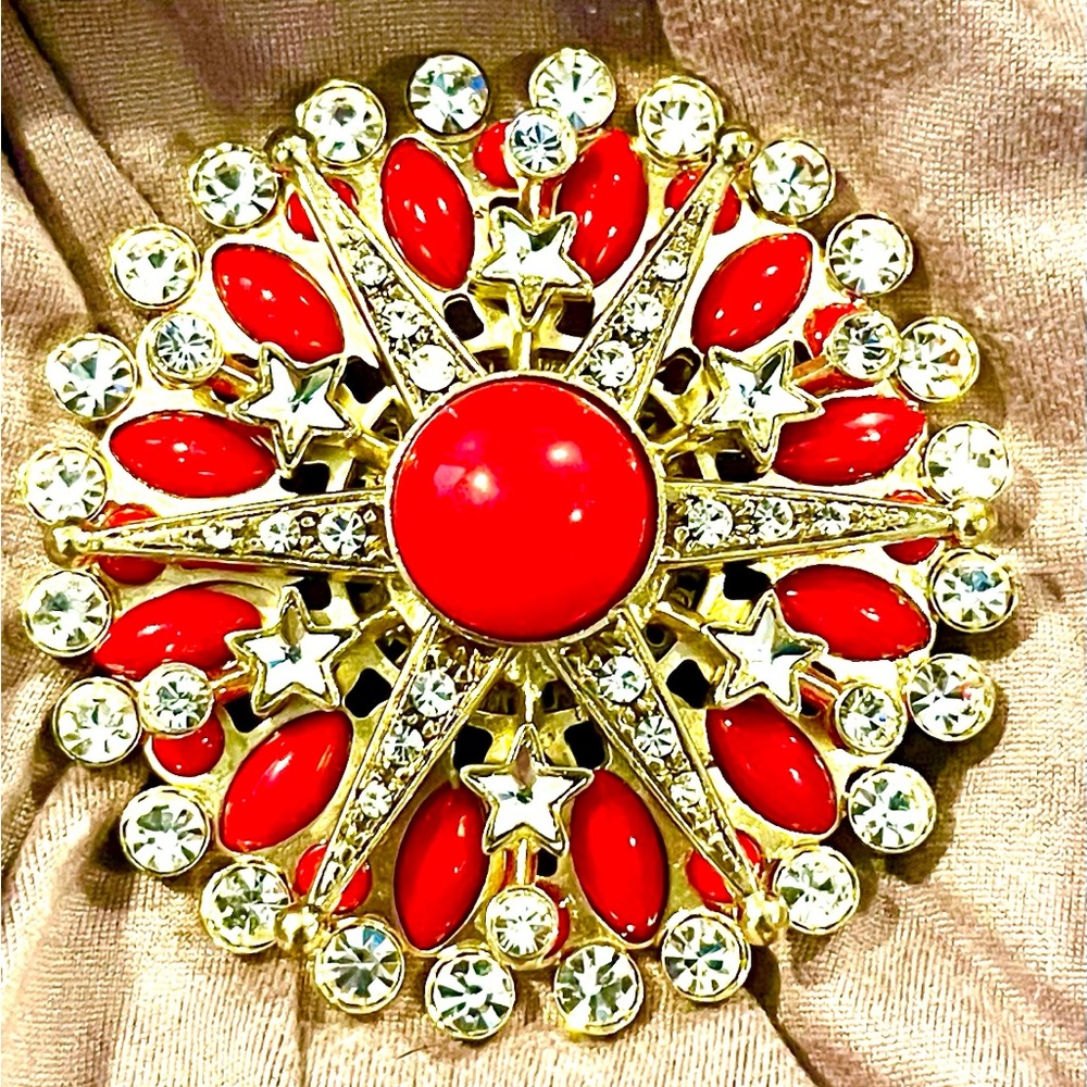 Red and Gold Sunburst Brooch